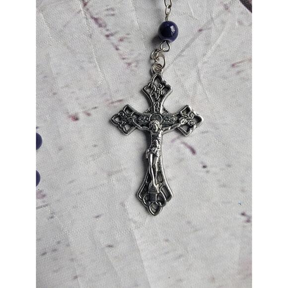 Vintage Blue Glass Silver Tone Rosary Infant Christ St Anthony prayer Beads - Picture 2 of 9